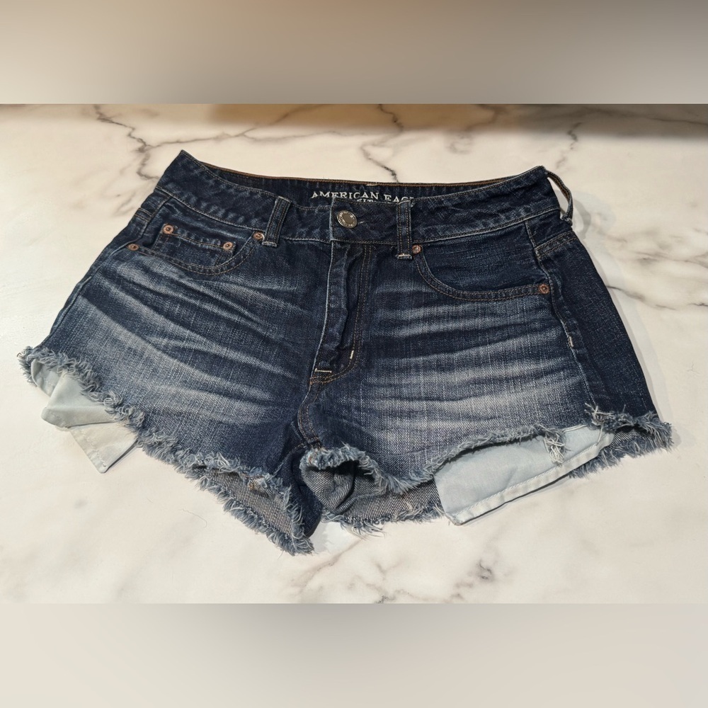 AMERICAN EAGLE HI RISE FESTIVAL Raw Hem JEAN DENIM SHORTS SIZE 4 Blue No Stretch